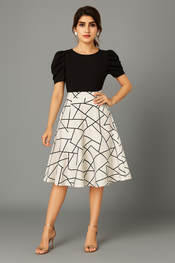 Celvora Designer Puff Sleeve Dress with Elegant Geometric Print