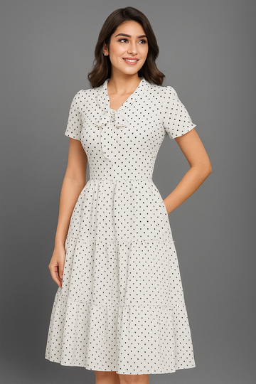 White Polka Dot Flared Midi Dress