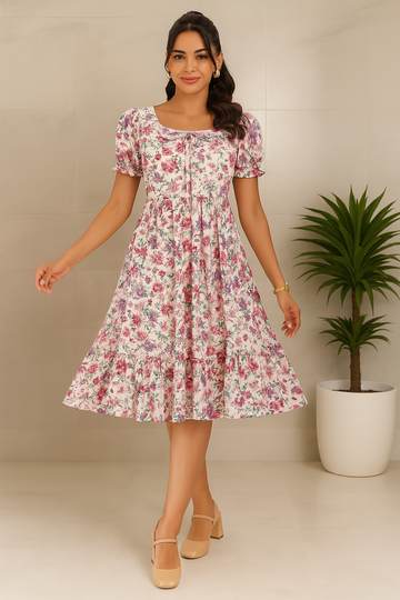 Celvora Elegant Pink Floral Midi Dress with Puff Sleeves & Tie Waist