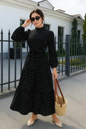 Celvora Polka Dot Maxi Dress with Full Sleeves & Tiered Hem – Elegant & Modest Style