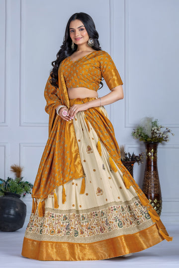 Celvora Royal Threads Collection | Heavy Lichi Lehenga Choli Set with Jacquard Border & Jari Lining | Dupatta Included | Festive & Partywear Lehenga