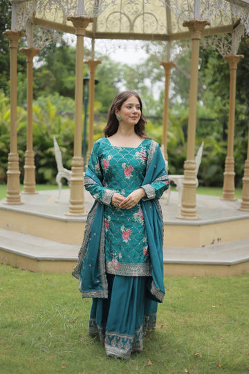 Celvora Elegance Set – Premium Chinnon Kurti, Plazzo & Dupatta with Sequins & Thread Embroidery | Fully Stitched
