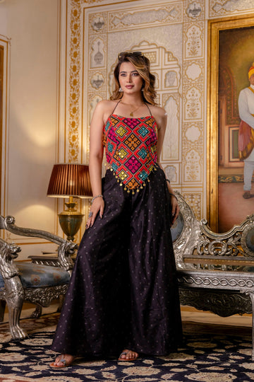 Celvora Navratri Glow Set – Embroidered Silk Top with Flairy Pure Butti Palazzo | Mirror Work & Tassels | Festive Ready-to-Wear