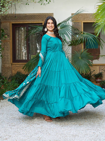 Celvora Festive Flair – Vichitra Silk Long Gown with Heavy Embroidered Dupatta (Fully Stitched)