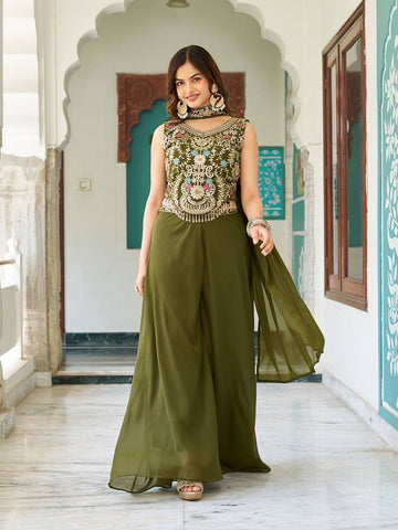 Celvora Star Georgette Embroidered Blouse Plazzo Dupatta Set – Real Modeling Product | Fully Stitched | Premium Festive Wear