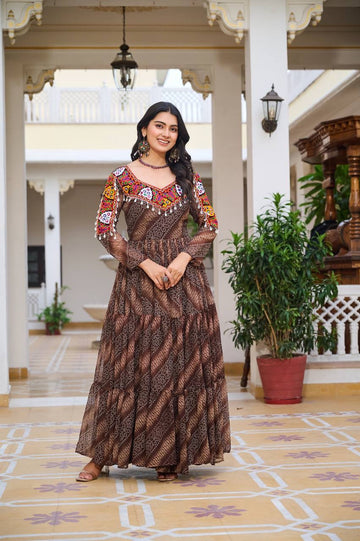 Celvora Navratri Special Gamathi Work Gown – Bandhni Print with Real Mirror & Lace | 9m Flair