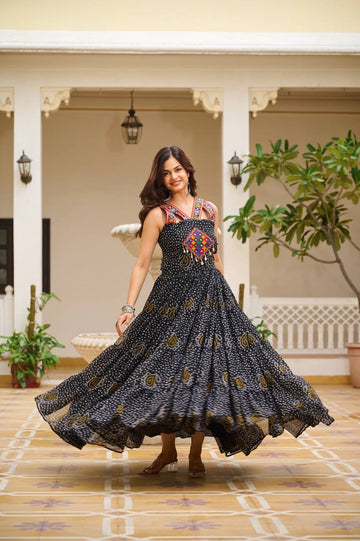Navratri Special Bandhani Print Gown | Gamathi Real Mirror Work | 12 Meter Flair | Fully Stitched