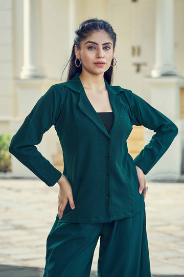 Celvora Dark Green Blazer Co-ord Set – Button-Down Top with Relaxed Pants