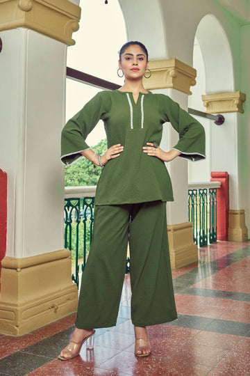 Celvora Olive Textured Co-ord Set – Flared Sleeves Top & Relaxed Pants