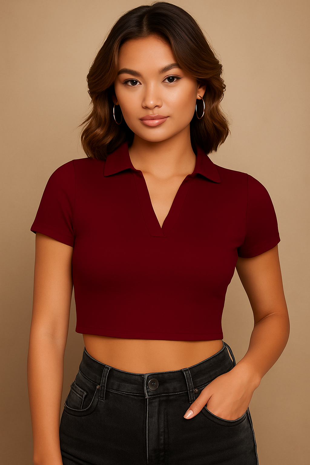 Celvora Women's Polo Collar Ribbed Crop Top - Stylish Solid Colors