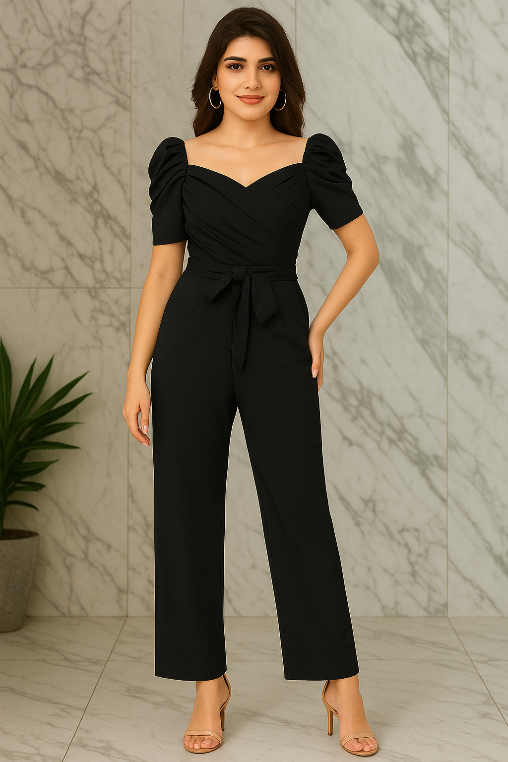 Women’s Elegant Puff Sleeve Belted Jumpsuit