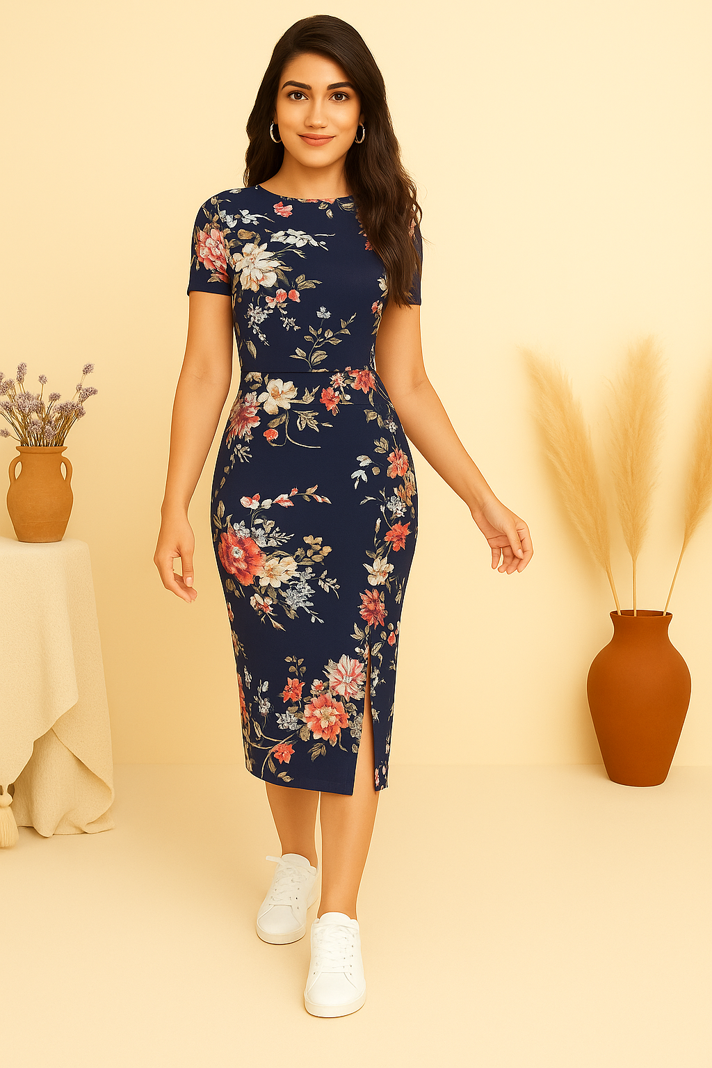 Celvora Ivory Garden – White Bodycon Midi with Luxe Floral Print