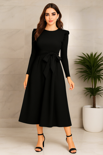 Celvora Elegant Belted Grace Midi Dress with Ruffle Shoulder & Full Sleeves