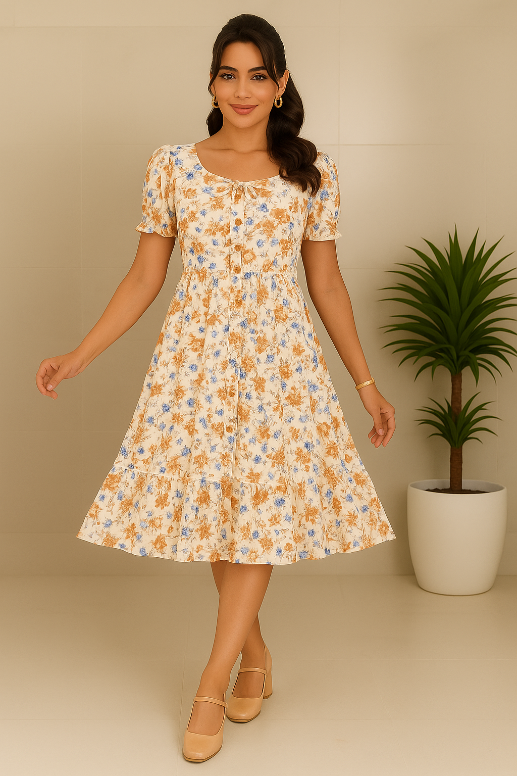 Celvora Elegant Pink Floral Midi Dress with Puff Sleeves & Tie Waist