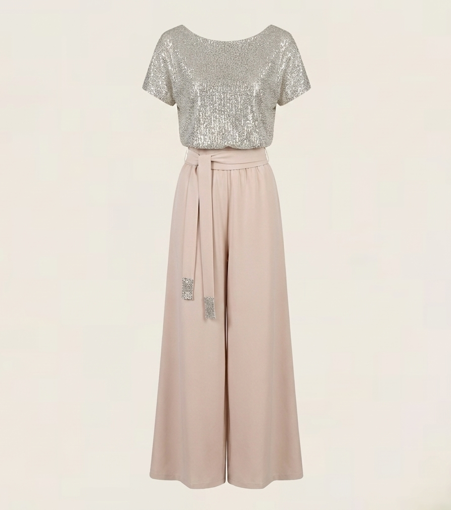 Full Size Sequin Round Neck Short Sleeve Wide Leg Jumpsuit