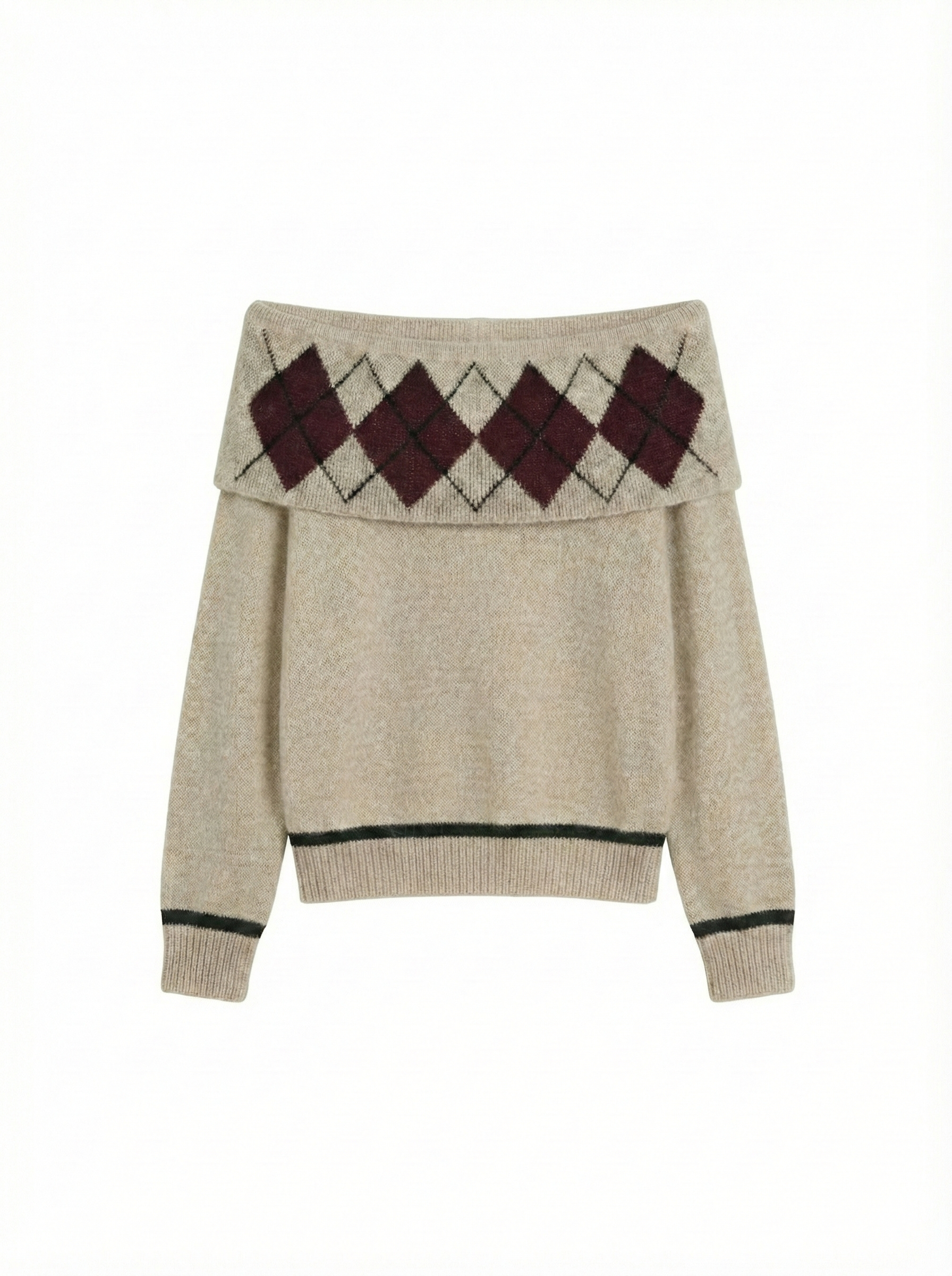 Off-Shoulder Argyle Pattern Sweater