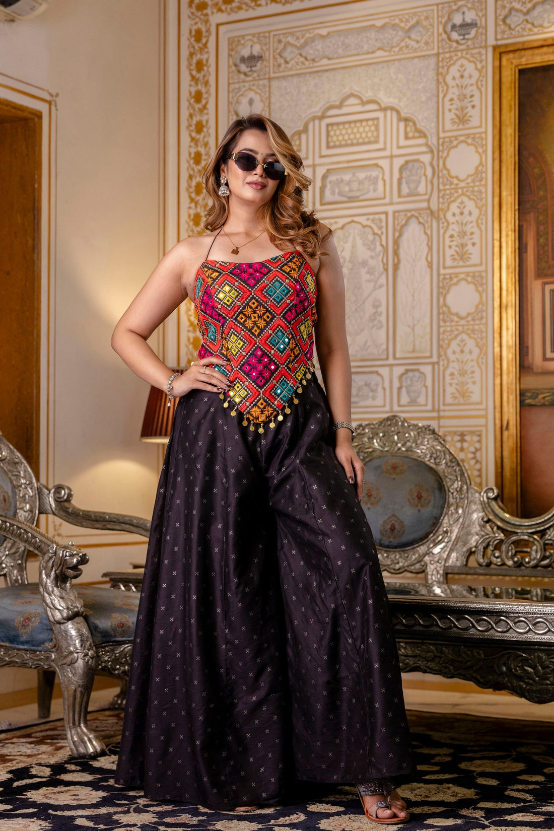 Celvora Navratri Glow Set – Embroidered Silk Top with Flairy Pure Butti Palazzo | Mirror Work & Tassels | Festive Ready-to-Wear
