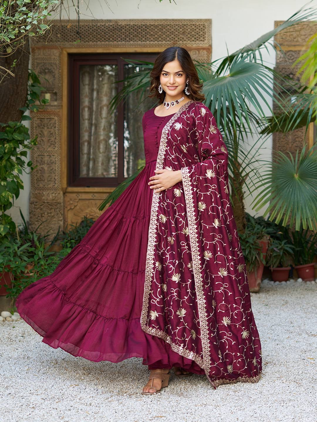 Celvora Festive Flair – Vichitra Silk Long Gown with Heavy Embroidered Dupatta (Fully Stitched)