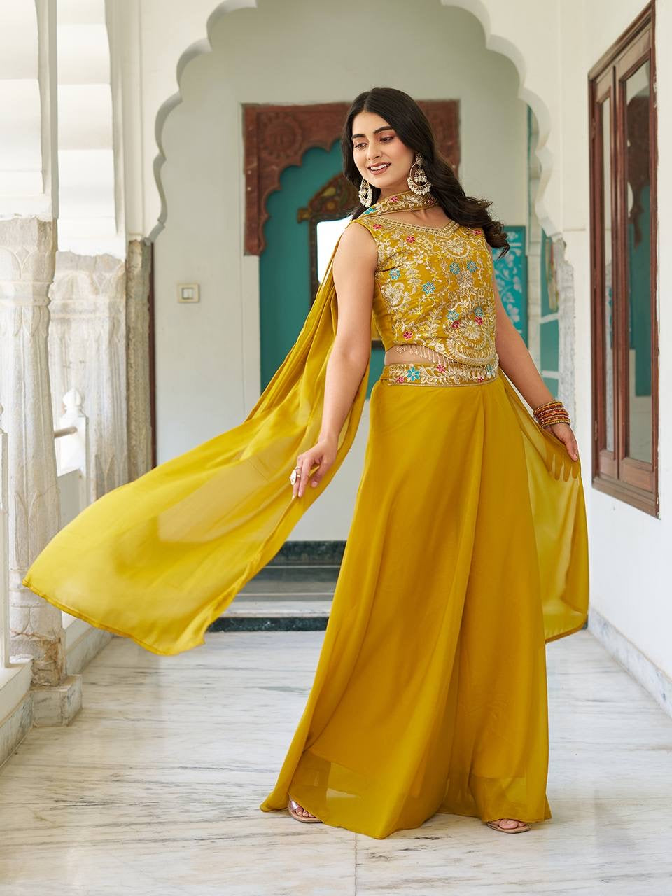 Celvora Star Georgette Embroidered Blouse Plazzo Dupatta Set – Real Modeling Product | Fully Stitched | Premium Festive Wear