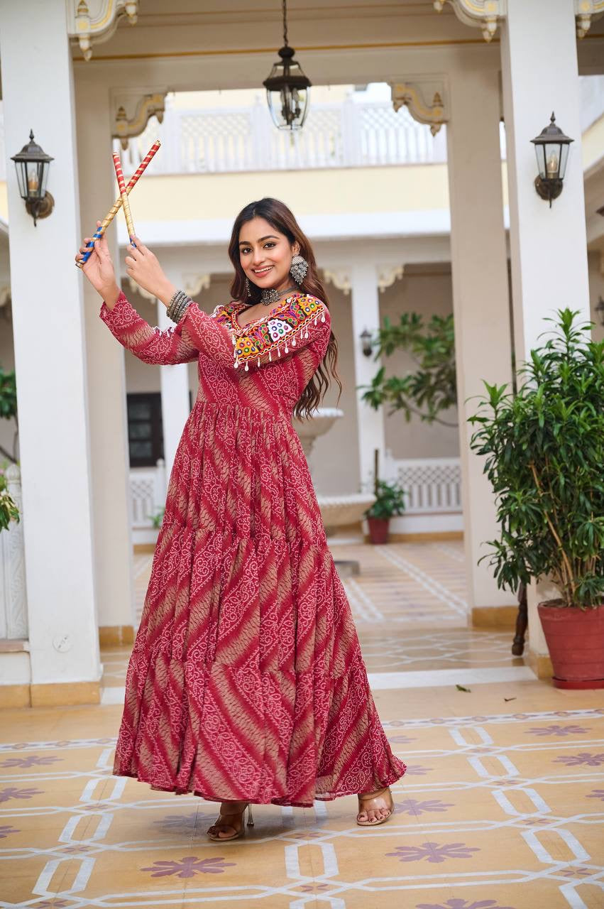 Celvora Navratri Special Gamathi Work Gown – Bandhni Print with Real Mirror & Lace | 9m Flair