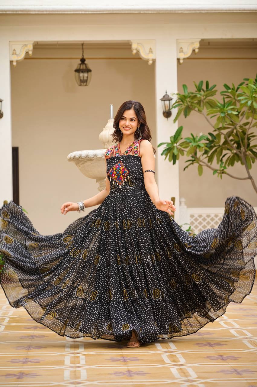 Navratri Special Bandhani Print Gown | Gamathi Real Mirror Work | 12 Meter Flair | Fully Stitched