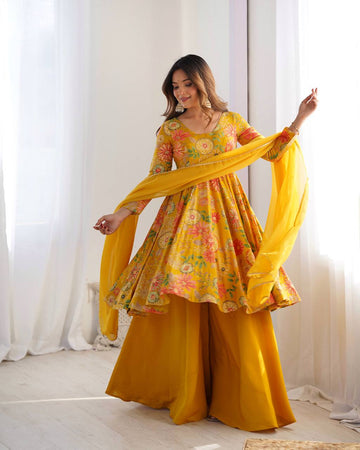 Luxury Romansilk Chanderi Discharge Print Kediya Style Kurta with Palazzo & Dupatta – Ready to Wear