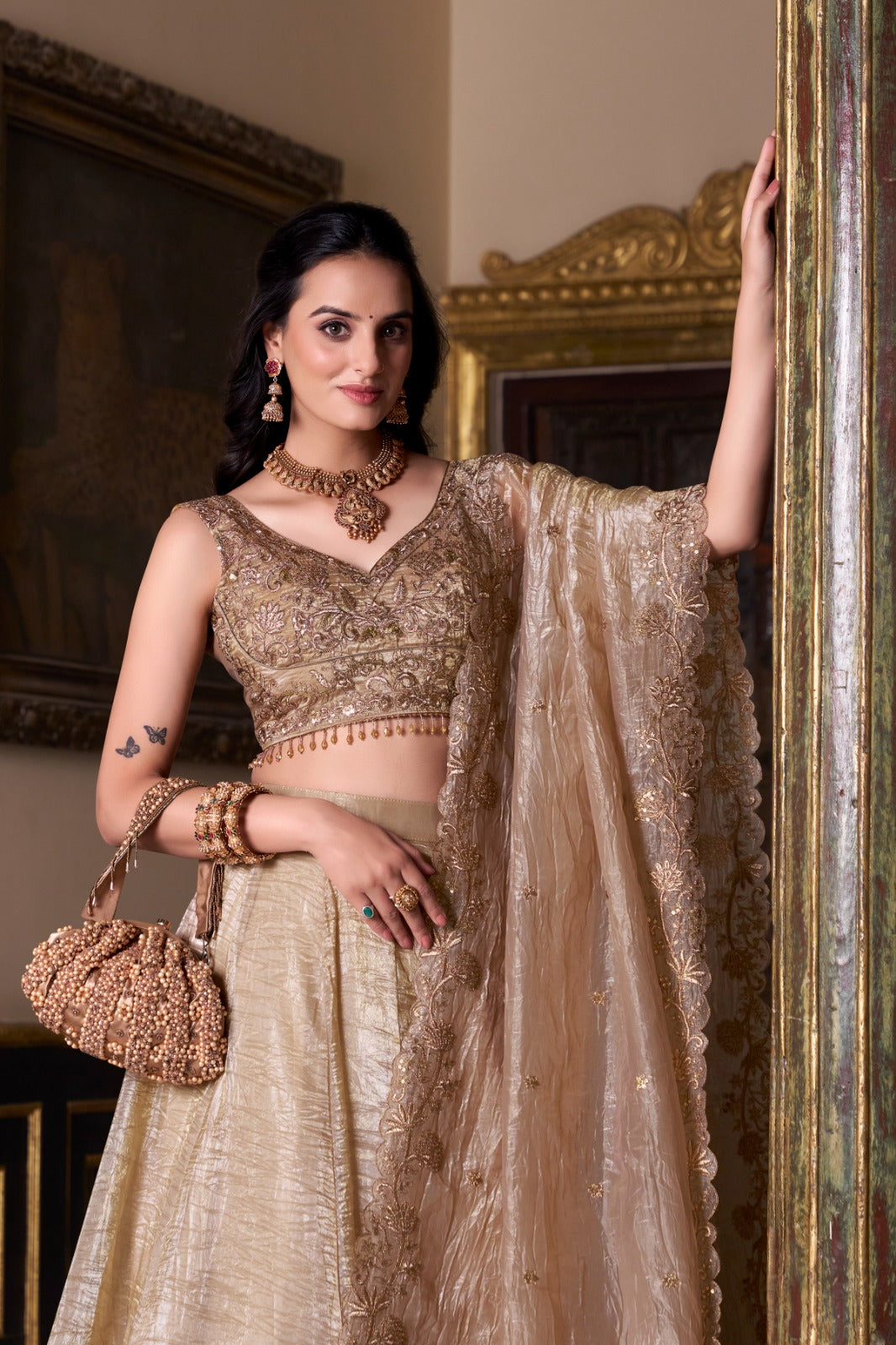 Celvora– Festive Gold Crush Lehenga for Navratri & Weddings