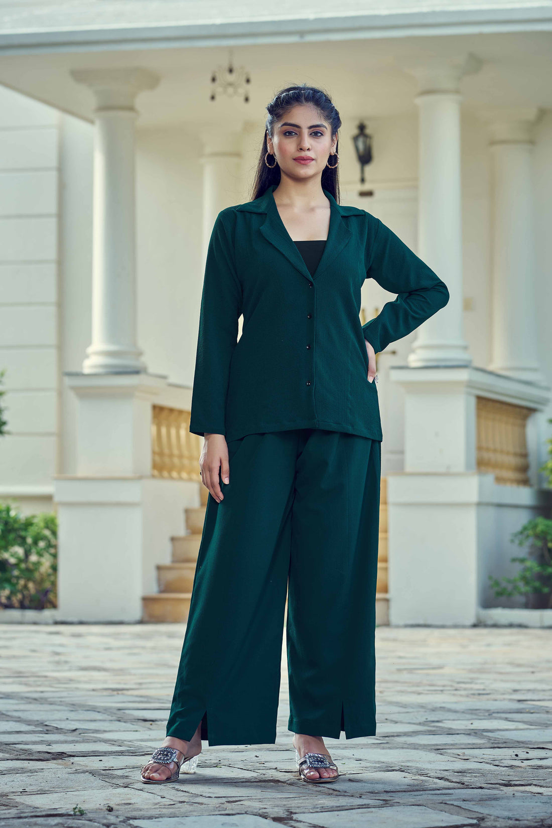 Celvora Dark Green Blazer Co-ord Set – Button-Down Top with Relaxed Pants