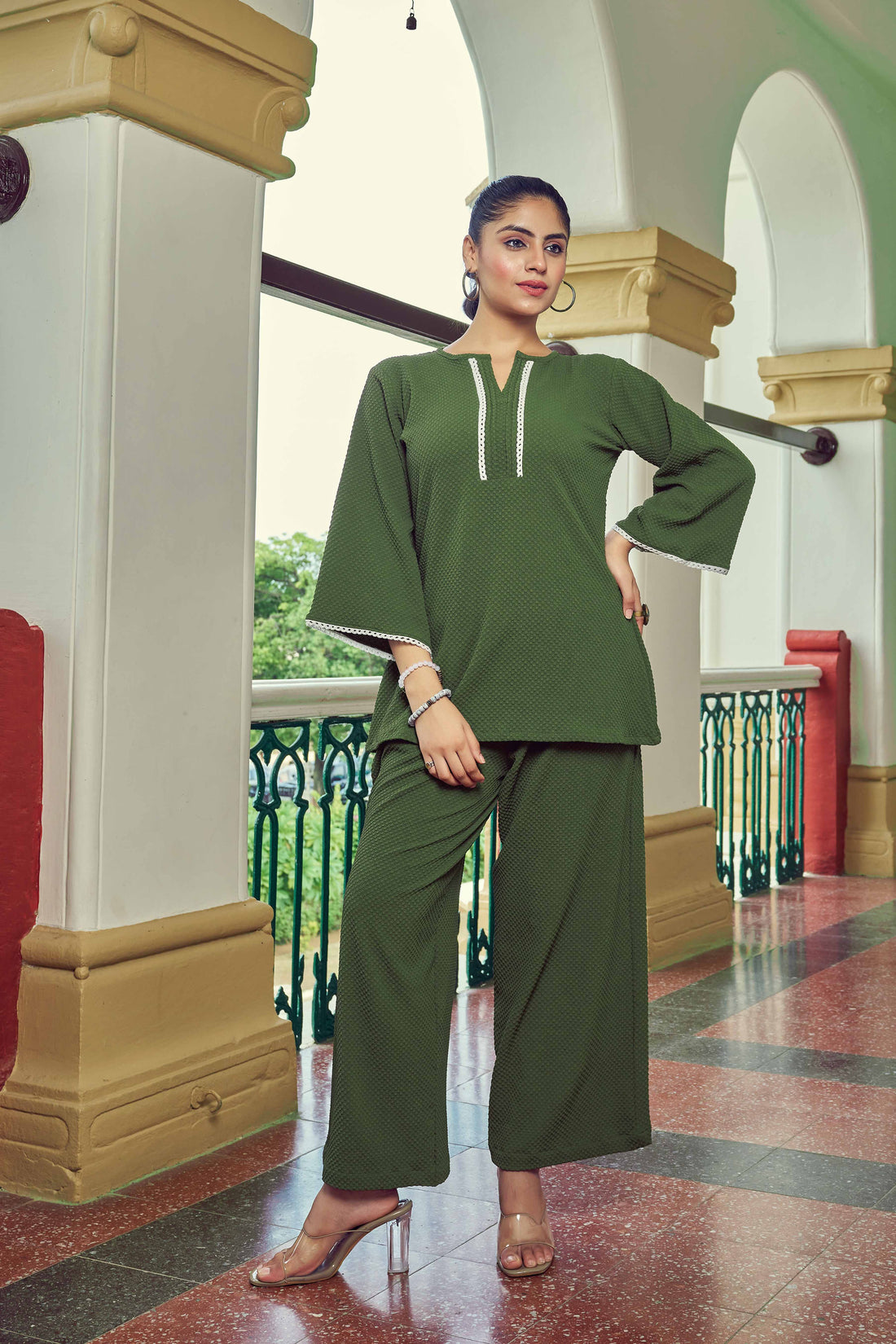 Celvora Olive Textured Co-ord Set – Flared Sleeves Top & Relaxed Pants